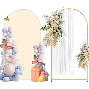 Metal Arch Backdrop Stand and Cover Set, 6.6FT Beige  Spandex Fitted Backdrop Cover and  Wedding Arch Frame for  Shower, Birthday, Parties Decoration.