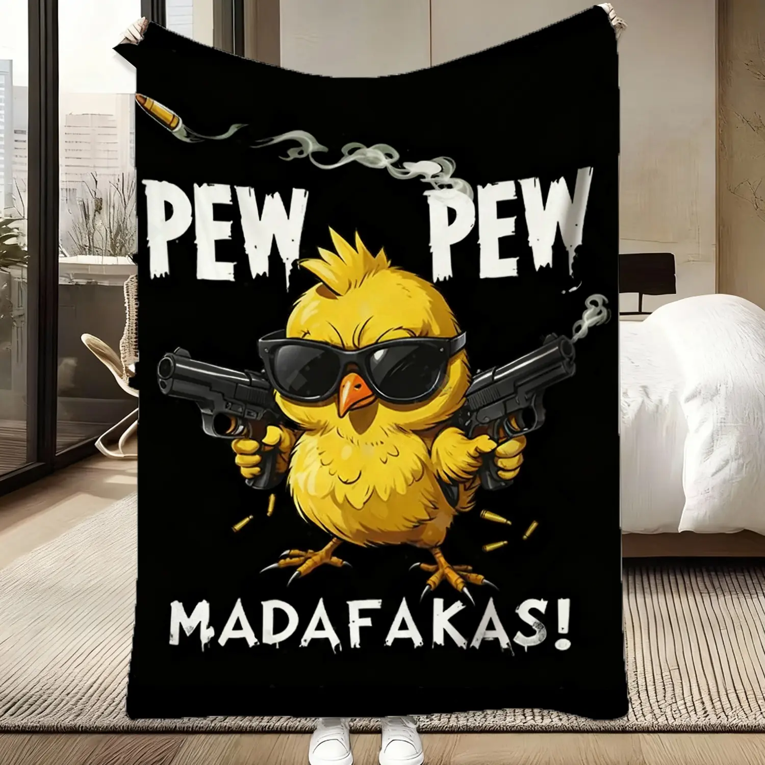 Pew Pew Madafakas Chick Throw Blanket - Funny Yellow Duck with Guns Print | Ultra Soft Fleece for Sarcastic & Humor Lovers!