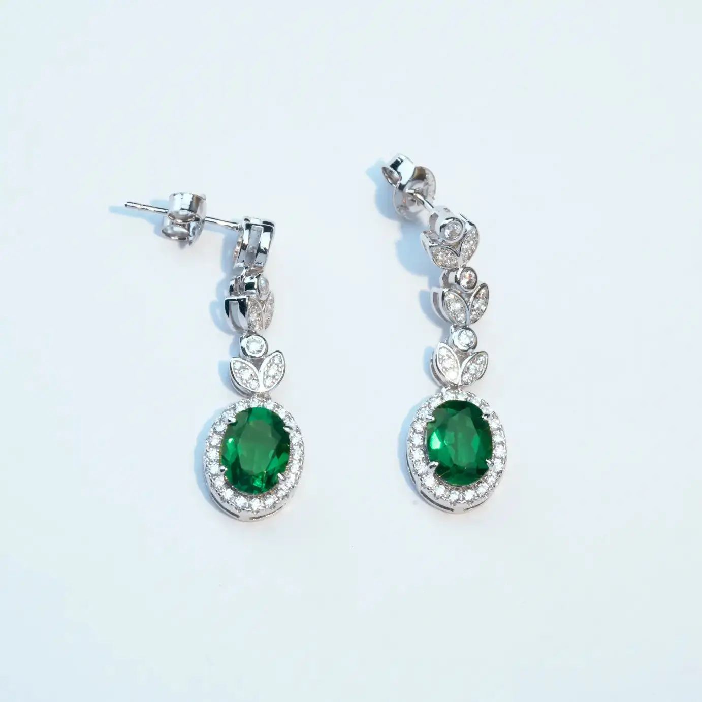 Long Lab-grown Emerald Earrings - Flower and Leaves Style - silver plate white gold