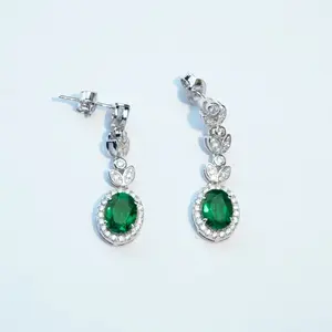 Long Lab-grown Emerald Earrings - Flower and Leaves Style - silver plate white gold