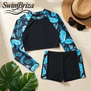 Briza｜Girls Long Sleeve Swim Shirt Two-Piece Tankini Set Black Blue Tropical Leaf Rash Guard Top with Swim Shorts Kids Bathing Suit Beachwear Pool Summer Vacation Resort, Girls Swimwear, Tankini Swimsuit Set, Two Piece Bathing Suit
