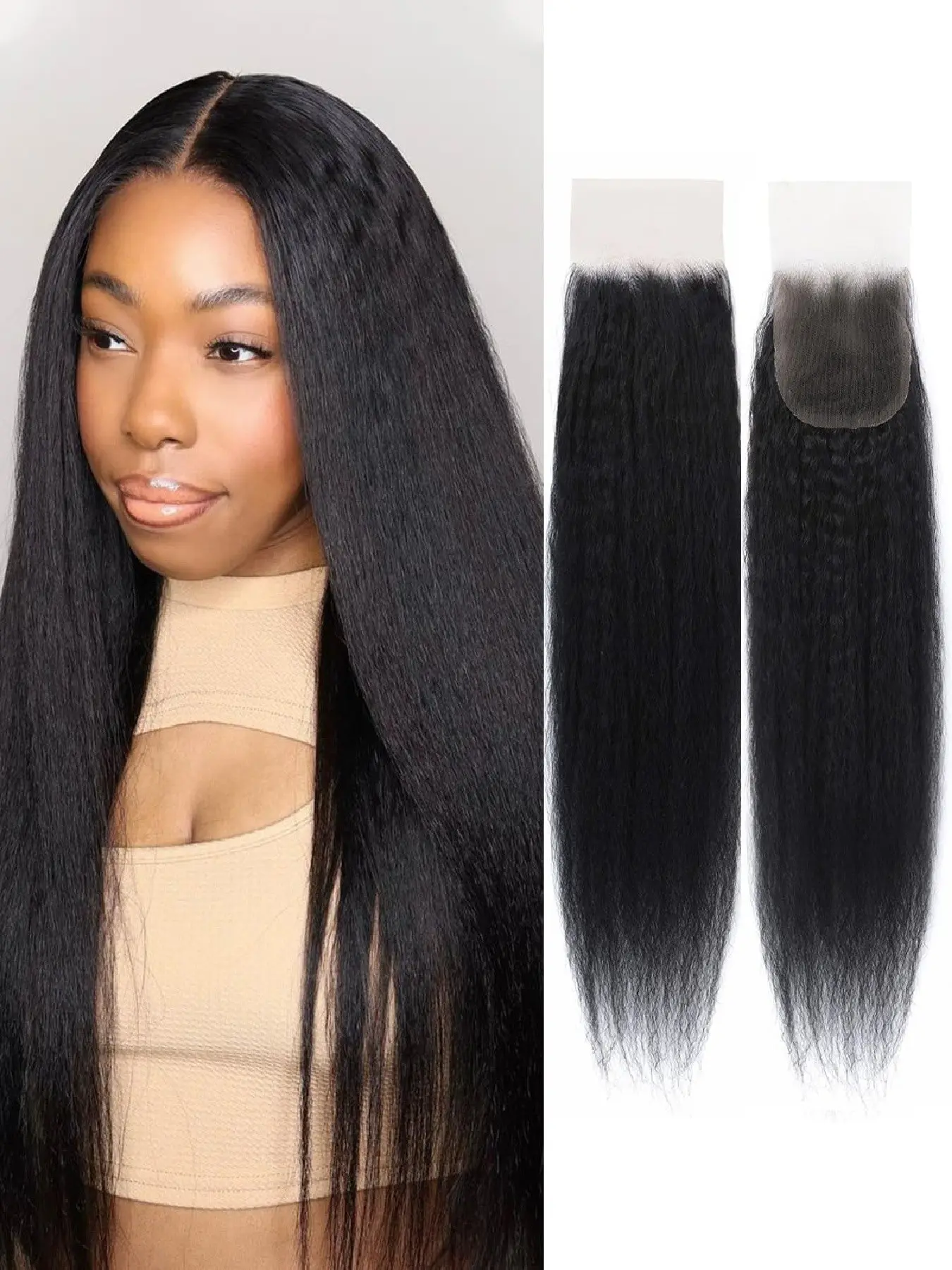 Brazilian Human Hair Glueless Kinky Straight Closure 4x4 Free Part Light Brown Lace 150% Density Yaki Kinky Straight Lace Closure Remy Hair