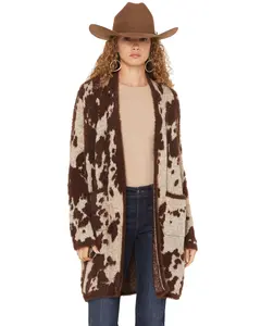 Shyanne Women's Women'S Cow Print Eyelash Knit Cardigan - Swho25sw3-Crm