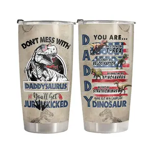 Daddysaurus Tumbler with Lid 20 oz Stainless Steel, Dinosaur Jurassic Travel Coffee Cup, Father's Day Gifts, Birthday Present for Men, Papa & Husband