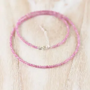 Crystal Necklace, Pink Crystal Gemstone Stone 2mm Bead Small Tiny Minimalist Beaded Necklace, Healing Protection Calming Necklace