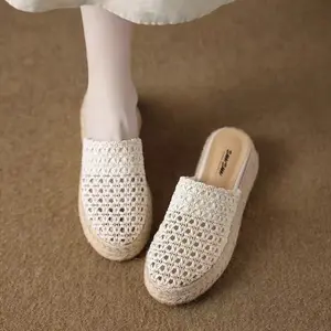 Women'S Summer Platform Wedge Heel Closed Toe Sandals Linen Hollow Mesh Slippers Anti Slip Casual Outdoor Walking Shoes, Women Shoesaa