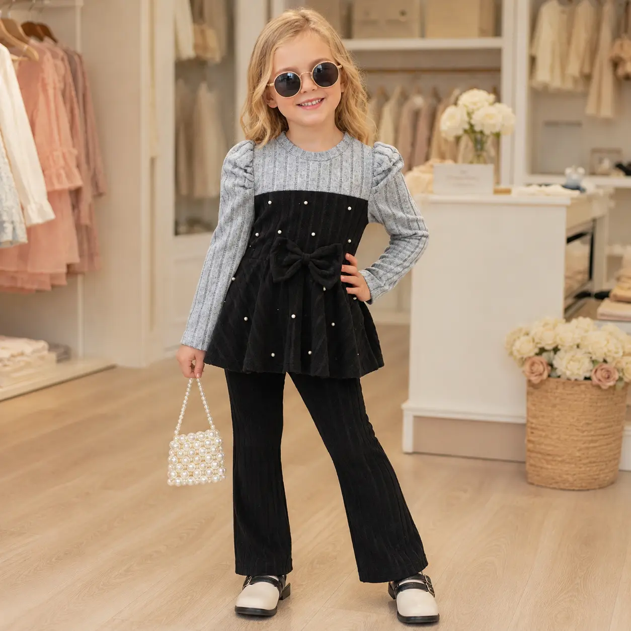 Girls 2-Piece Ribbed Knit Set | Gray and Black Peplum Top with Pearl Details & Matching Leggings | Kids Boutique Clothing 4-7Y