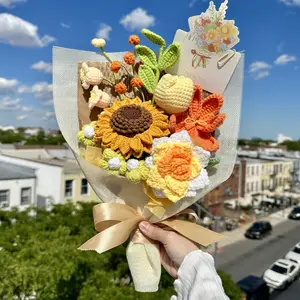 Handmade Crochet Sunflower Bouquet - Get Well, Birthday Gift, Teacher Appreciation, Cancer Encouragement, Anniversary Decor with Elegant Gold Ribbon artificial  plants Red Rose  Gift Set