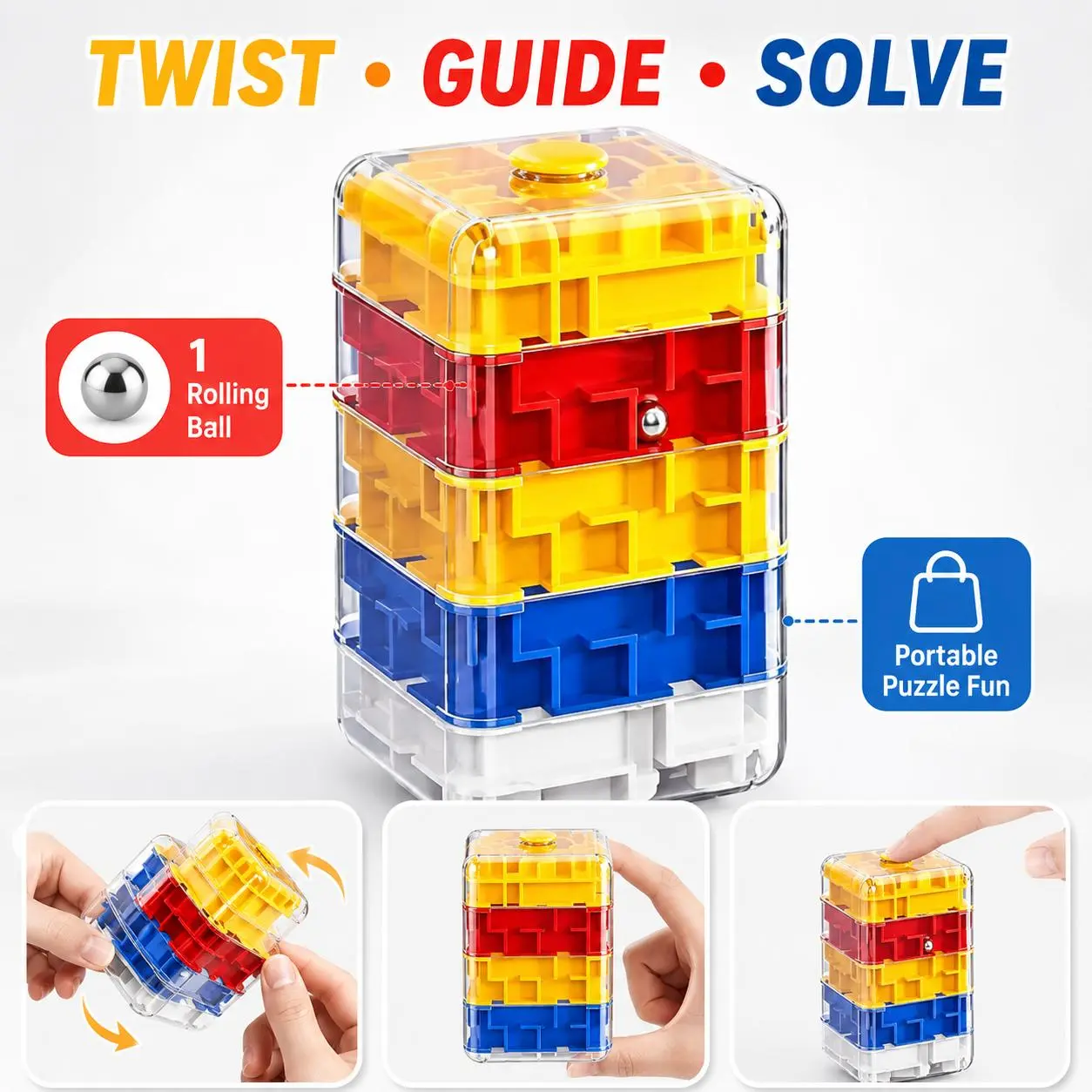 3D Twist Maze Cube Puzzle Toy, Colorful Transparent 1-Ball Maze Game, Pocket Handheld Challenge Toy, Halloween Christmas Gift for Kids