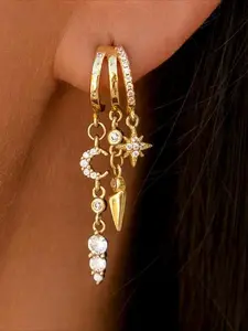 Golden Celestial Dangle Hoop Earrings for Women, Cubic zirconia Paved Star Moon Spike Drop Earrings, Y2K Stackable Piercing Jewelry, Earring Stacking Set