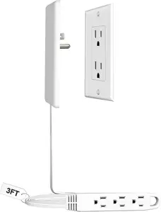Ultra-Flat Plug 3FT Extension Cord Power Strip with 3 Outlets Patented Detachable Ultra-Thin Outlet Cover Concealer 13A 125V 1625W Max ETL Listed White for Phones Electronics Audio Video Accessory Space-Saving Design