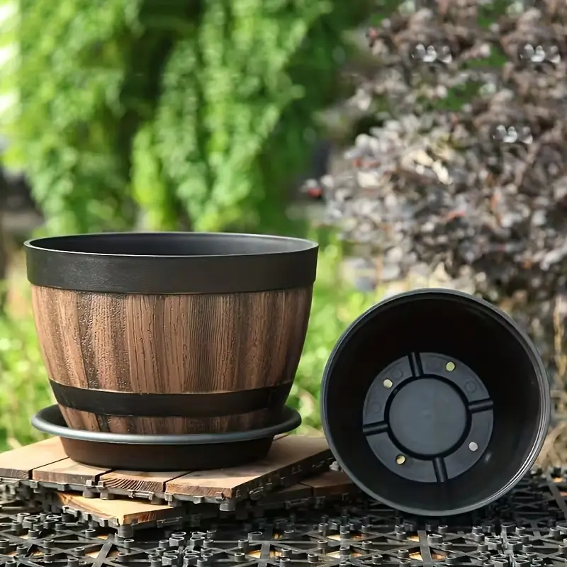 Vintage Whiskey Barrel Planter with Drainage Holes and Tray, Resin Striped Garden Pot, Casual Style Plastic Oval Plant Container