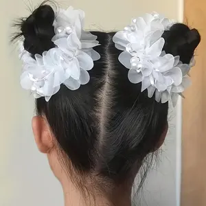2pcs of Adorable Princess-Style Hair Ties for Little Girls, Decorated with Pearls And Flowers, Hair Accessories Sets