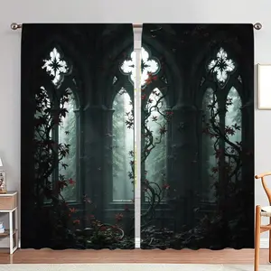 Gothic Cathedral Pattern Door Curtain, 1 Set Dark Style Door Curtain, Home Decor for Living Room Bedroom, Room Divider Curtain, Home Decoration Curtain