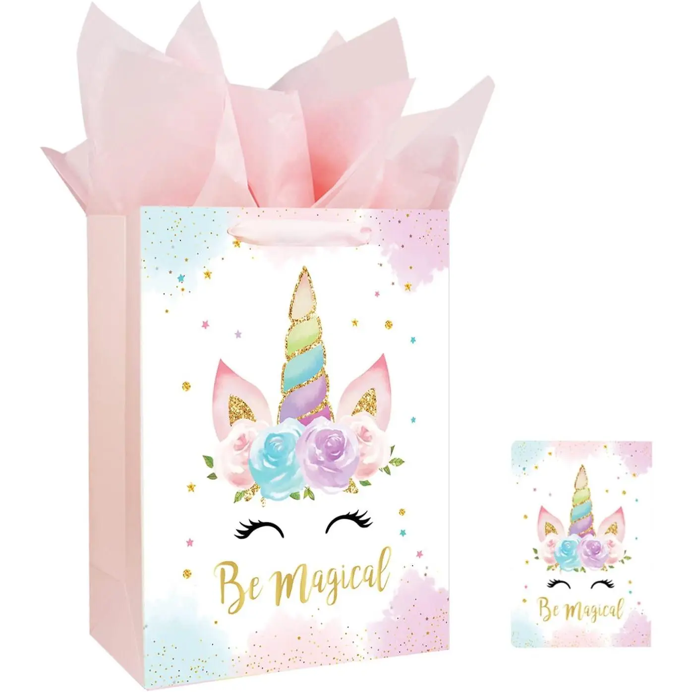 13" Large Unicorns  Bag for Birthday  Shower  Girl  Bag with Card and Tissue Papers Watercolor Design