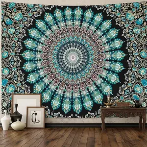 Hippie Mandala Tapestry Wall Hanging Boho Teal Medallion Tapestry Aesthetic Vintage Bohemian Indian Floral Cool Small Tapestries for Bedroom Living Room Dorm Decor 48 x 36 Inch