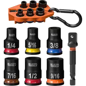 Klein Tools 33808 Grab-And-Go Impact Socket Set, SAE, 7-Piece Set with Sleeve, Carabiner, and 3/8-Inch Drive, Color-Coded 1/4, 5/16, 3/8, 7/16, 1/2, and 9/16-Inch Sockets