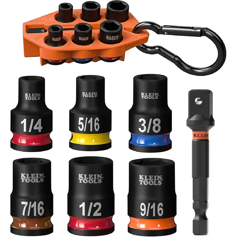 Klein Tools 33808 Grab-And-Go 3/8-Inch Drive SAE Impact Socket Work Tools Set, 7-Piece Kit with Sleeve, Carabiner Clip, Color-Coded 1/4, 5/16, 3/8, 7/16, 1/2, 9/16-Inch Sockets