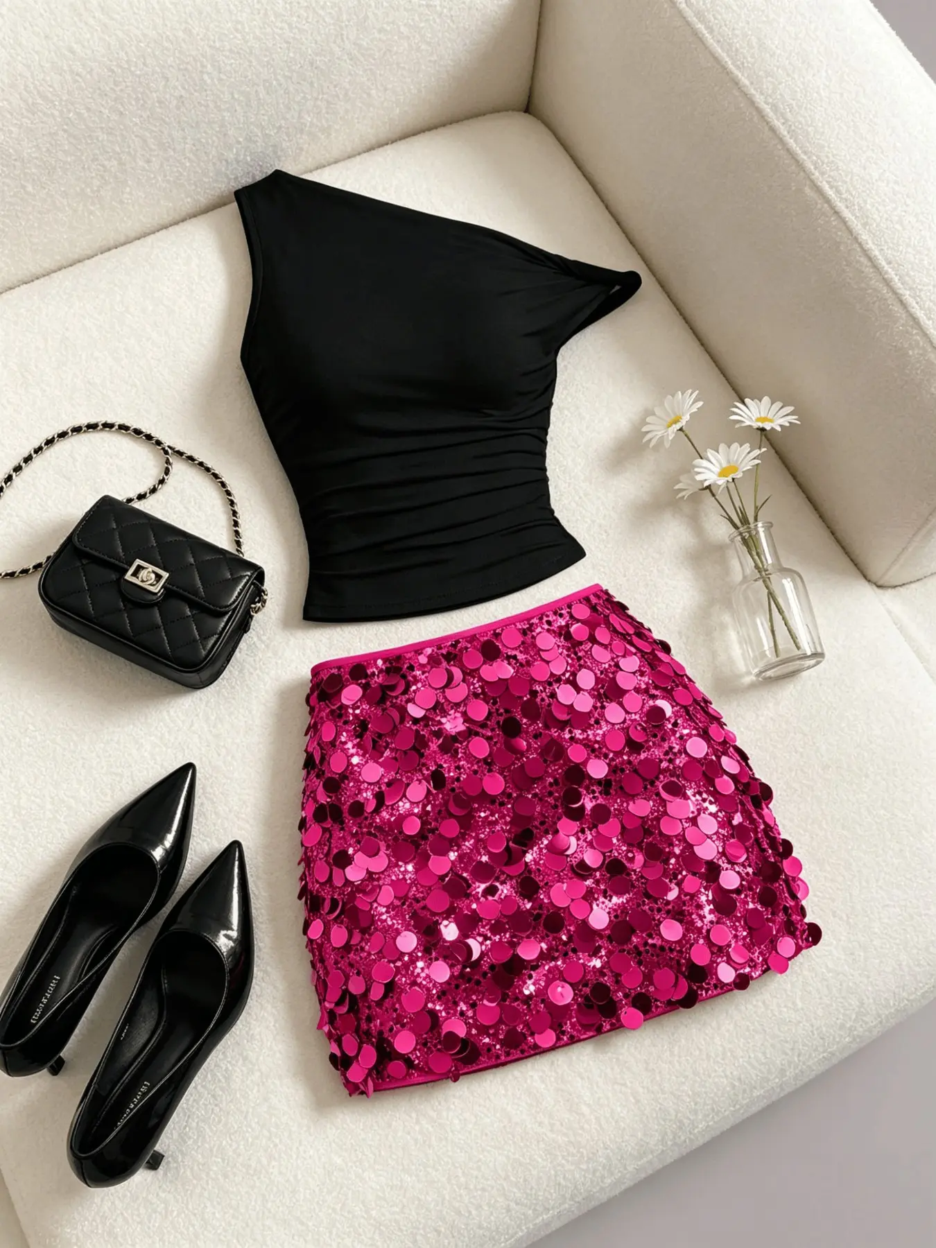 Summer New Punk Style Two-Piece Set, Asymmetrical Backless Top + Sequined A-Line Skirt, Slimming Bodycon, Party Office Date Wear