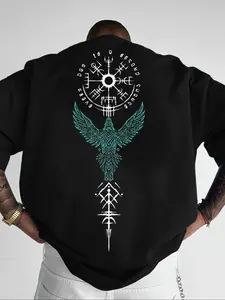 Men's Classic Bird Pattern Printed T-Shirt, Summer Round Neck Short Sleeve Casual Comfort Top, Outdoor Wear, Fitted Long Clothing, Streetwear, Menswear