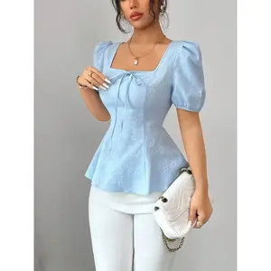 New women’s fashionable and versatile French bow belt, high-end puff sleeves, elegant embroidered fabric shirt, casual loose short-sleeved shirt GARMENTARY
