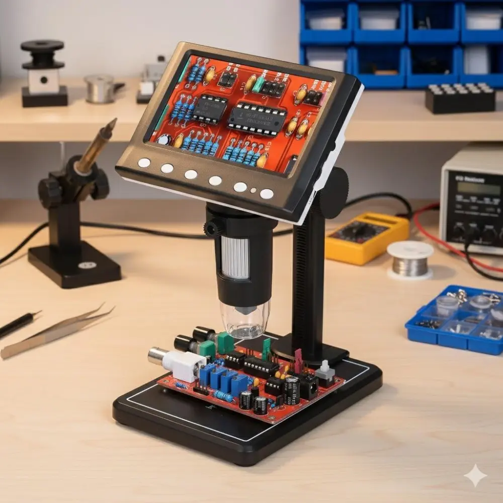Professional Wireless LCD Digital Microscope 1000X with 8 LED Lights for Circuit Repair & Research. Portable HD Real-Time Viewing on iOS/Android, Auto Focus, Metal Body, 32GB Card Included. Perfect for Diagnostics & Analysis. USB Powered Microscope