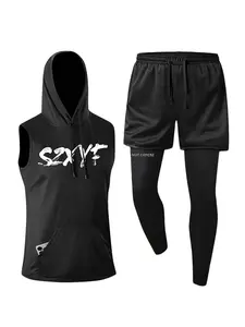 Men's Gym Training Set, Hooded Sleeveless Top + Fake Two-Piece Quick-Dry Long Pants, Comfortable and Durable Fitness Wear