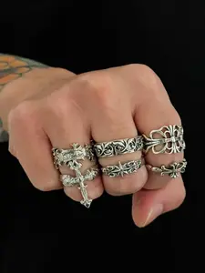 6 Pcs Vintage Cross Flower Ring Set, Dark Punk Retro Joint Rings, Unisex Street Jewelry, All-Season Accessory, Perfect Holiday Gift