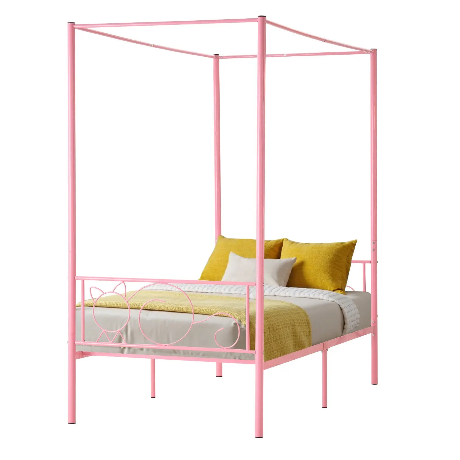 【FathersDayGift】VEVOR Twin Size Canopy Bed Frame, Metal Canopy Bed with Minimalist Headboard & Four Posters Design, Heavy Duty Steel Slats Support, Underbed Storage Space, No Box Spring Needed, Easy Assembly, PinkSummervibes