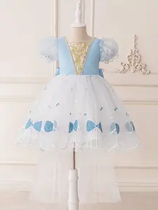 3-8Y Light Blue 081 Kids Clothes Flower Girls Frock Puff Sleeve Bow Print Mesh Trailing Skirt Ball Gown Pageant Children Elegant Princess Prom Host Formal Evening Party Banquet Cocktail Dress
