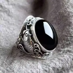 Black Obsidian Men's Design Sense Ring Pixiu Retro Black Agate Inlaid Style with Intricate Silver Filigree
