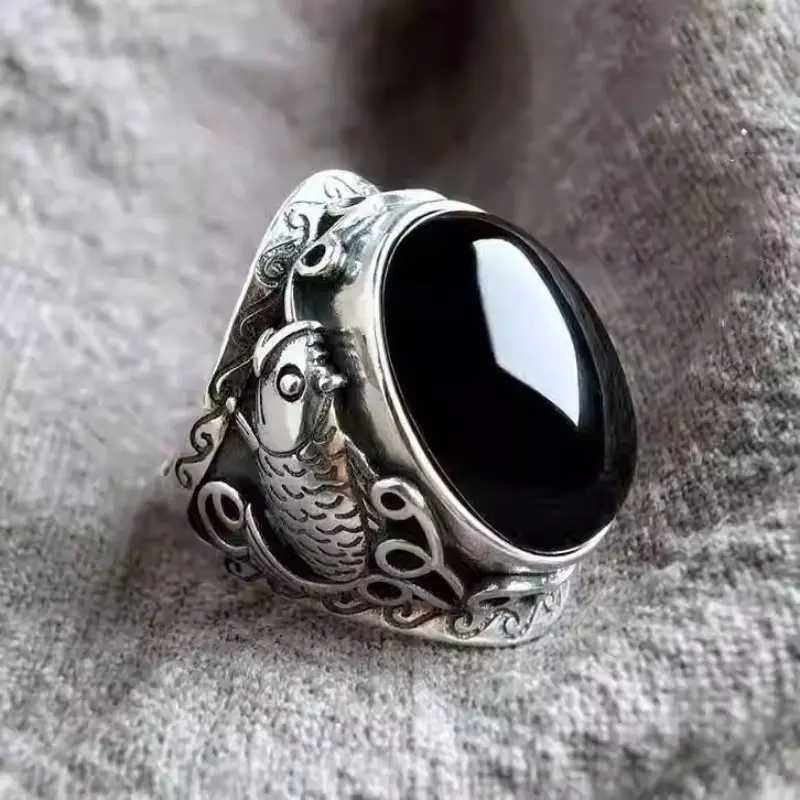 Classic Men's Pixiu Ring - Retro Copper Band with Black Obsidian Center, Inlaid Black Agate, Auspicious Silver Filigree for Daily Wear, Unique Design, Inlay Detail, Pixiu Motif