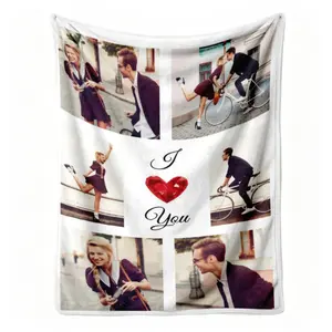 Custom Couple I Love You Flannel Throw Blanket, Personalized 6 Photo Heart Collage Pattern Soft Cozy Warm Nap Blanket for Couch Bedroom, Customized Romantic Anniversary Gift for Partner, Valentine's Day Christmas Birthday Present