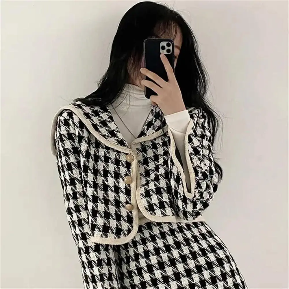 Women's Elegant 2pcs Skirt Suit - Formal Female 2-Piece Houndstooth Tweed Set Includes Navy Collar Long Sleeve Cropped Jacket & Polyester Knit Mini Bodycon Skirt