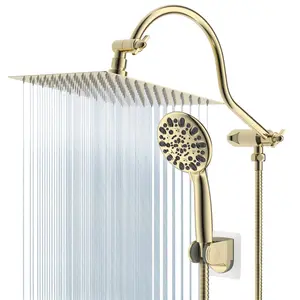 Hibbent All Metal Shower Head, 10'' High Pressure Rainfall Shower Head/Handheld Gold Showerhead Combo with 12'' Adjustable Shower Extension Arm, 7-Spray, 71'' Hose Showerhead Holder, Polished Brass