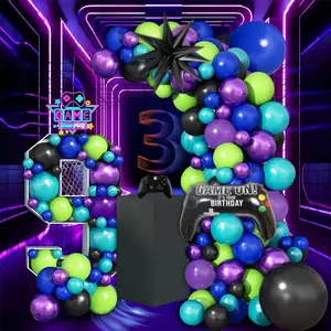 106 game themed balloon decoration set, Balloon arch backdrop, blue, black latex balloons, and black game controller, Birthday party supplies, boys' game themed birthday parties, sci-fi themed parties