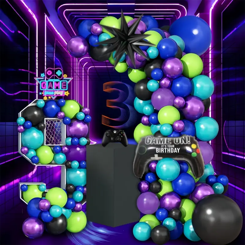 106 game themed balloon decoration set with sci-fi elements, blue, black, purple latex balloons, and black explosive star game controller are perfect for boys' game themed birthday parties, sci-fi themed parties, bachelor parties, baby showers