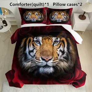 Tiger & Rose Bedding Set, 1 Comforter + 2 Pillowcases, Wild Animal Decor, Synthetic Fiber, No Ca Prop 65 Re