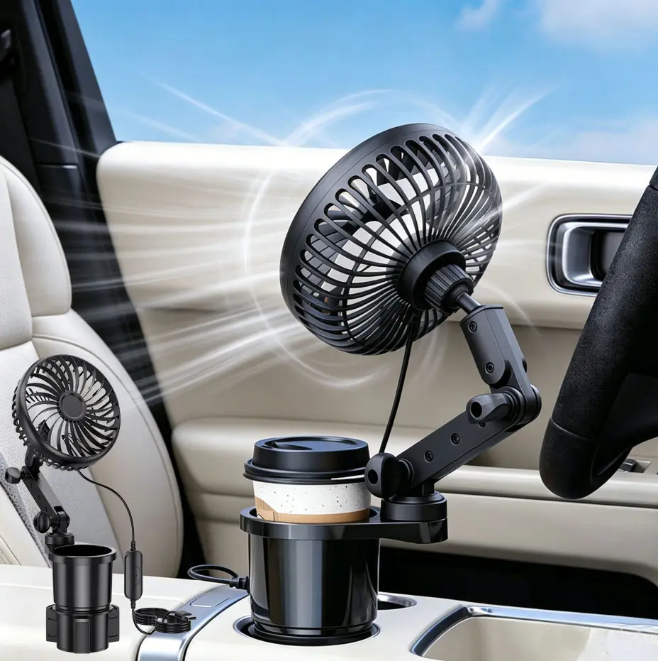Car fan, 3-Speed Portable Vehicle Fan for Front Seat With Cup Bottle Holder Extender, USB Powered , Mounted in Cup Holder, 360° Rotation, Car Necessities for Dog/SUV/RV/Truck/Van