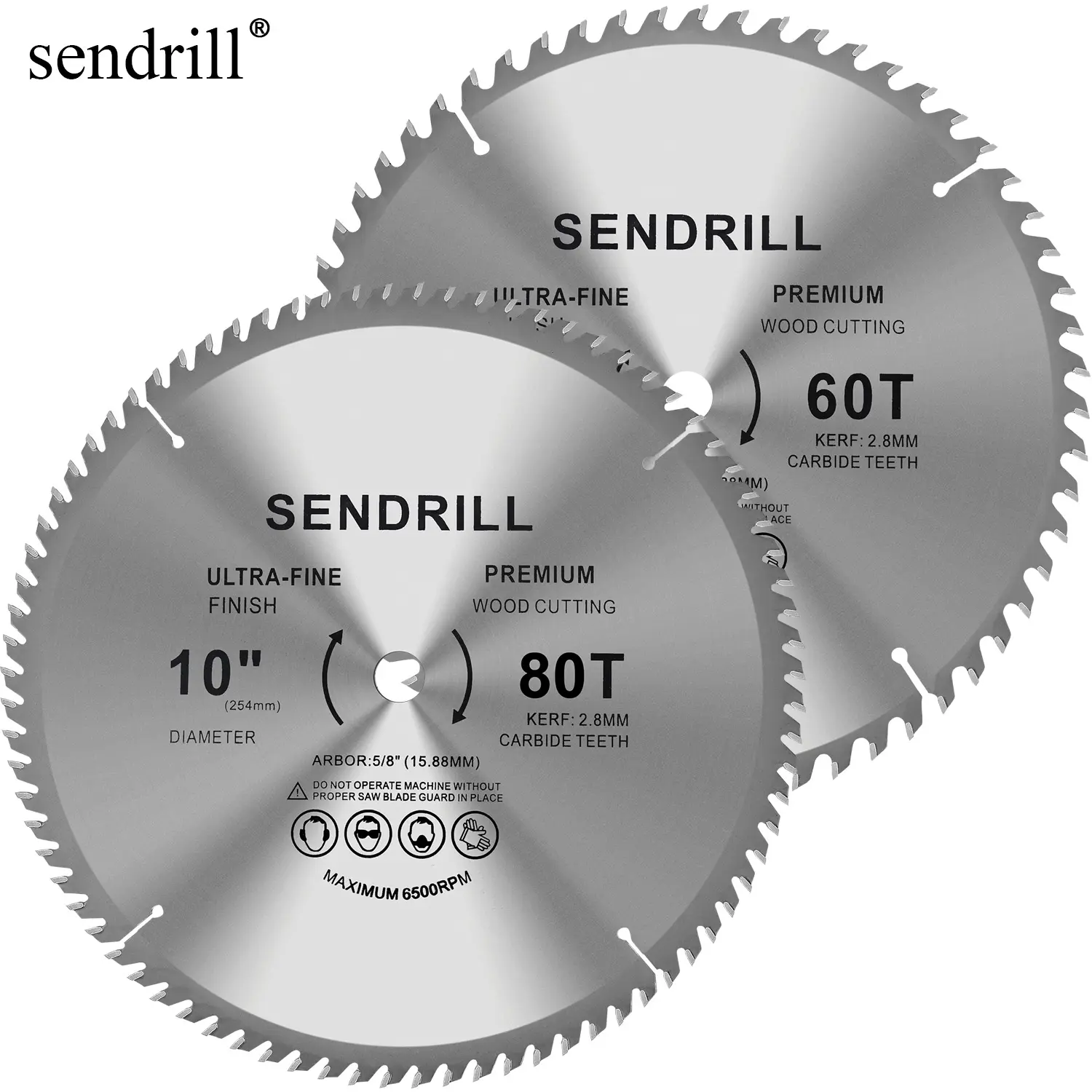 SENDRILL 10-Inch Miter/Table Saw Blades Set - 80-Tooth & 60-Tooth ATB Carbide-Tipped Blades, 5/8-Inch Arbor, ATB Fine Finish, Carbide Tips, Precise Cuts for Wood, Laminate