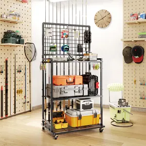 SOYEEZE Large Size Fishing Rod Holders for Garage Heavy Duty 3-Tier Rack with Pegboard Hooks Organizer for 12 Rods Rolling Cart with Lockable Wheels