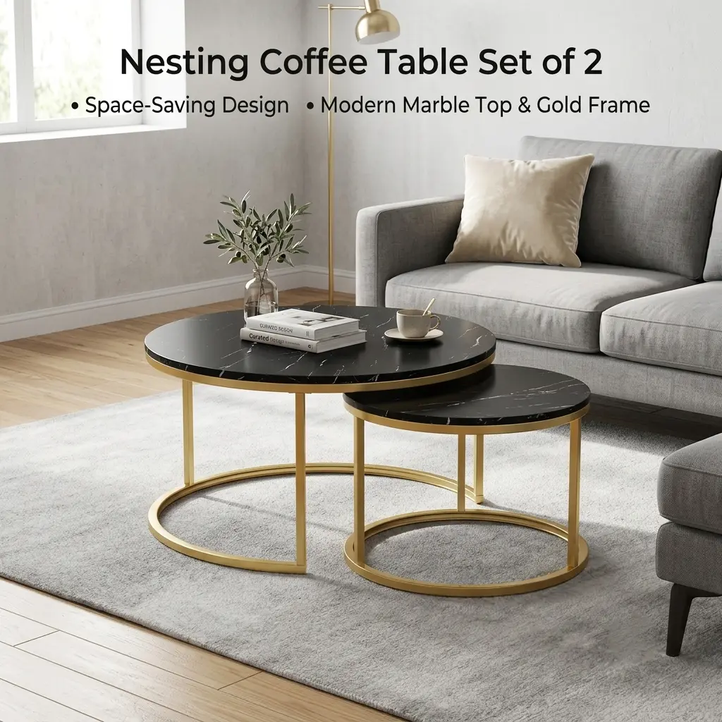 Nesting Coffee Table Set of 2, Round Marble-Pattern Top with Sturdy Metal Frame, Space-Saving Side Tables for Living Room Balcony Patio, 27.6" Modern End Table Set