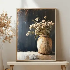 Rustic Flower Vase Wall Art, Neutral Dried Flowers Print, Vintage Botanical Still Life Decor, Country Farmhouse Accent