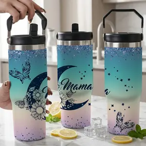 Boho Moon and Stars Mama Tumbler, Teal Pink Gradient Glitter Skinny Travel Cup with Straw, Double Wall Vacuum Insulated Water Bottle, Unique Personalized Gift for Mom, Wife, Mother-to-be
