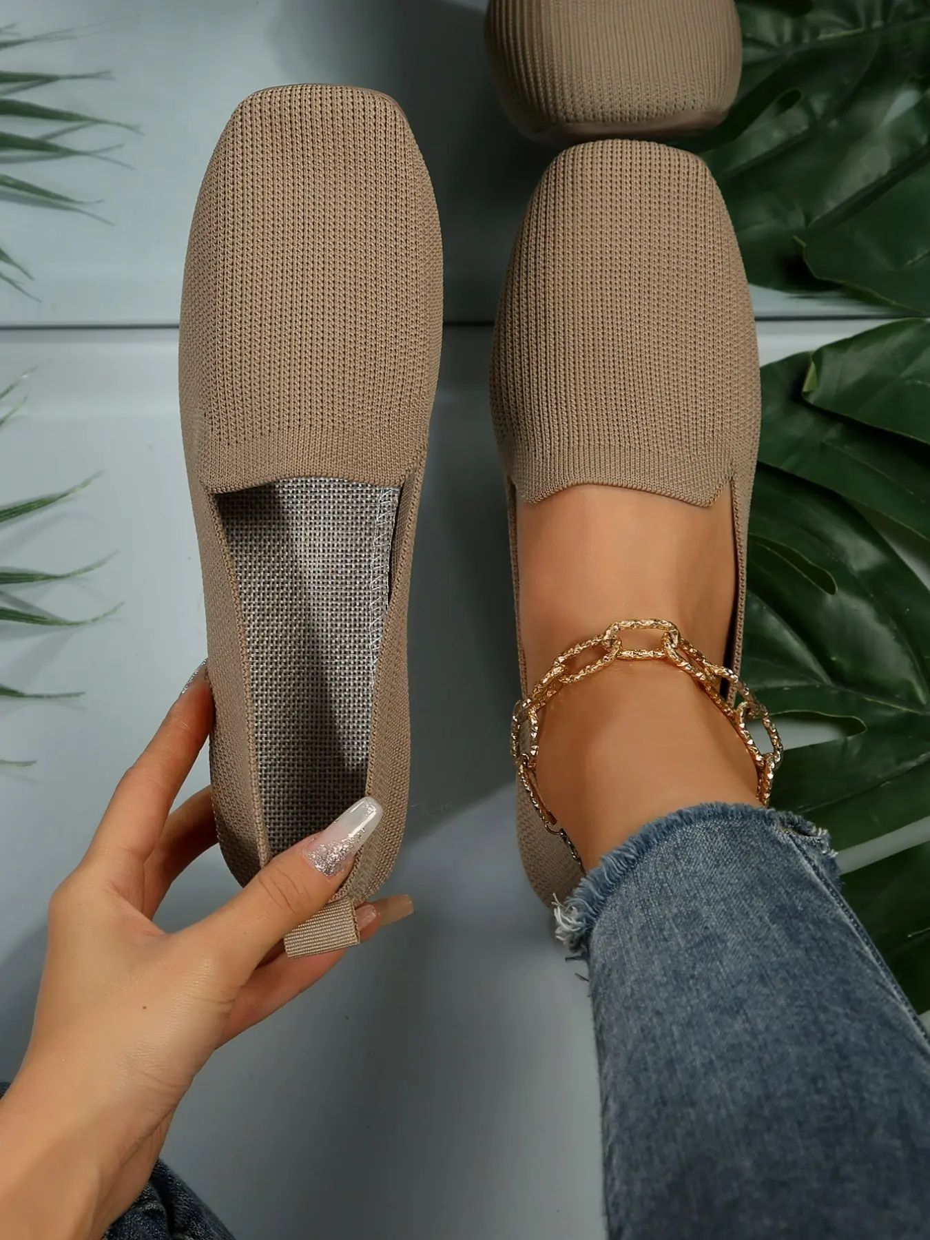 Spring Trendy Multicolor Knitted Loafers Women, Breathable Slip-On Flat Walking Shoes, Square Toe Textile Upper, Elegant Braid Design, All Seasons Footwear, Slip Ins Shoes, Casual Flat Shoes