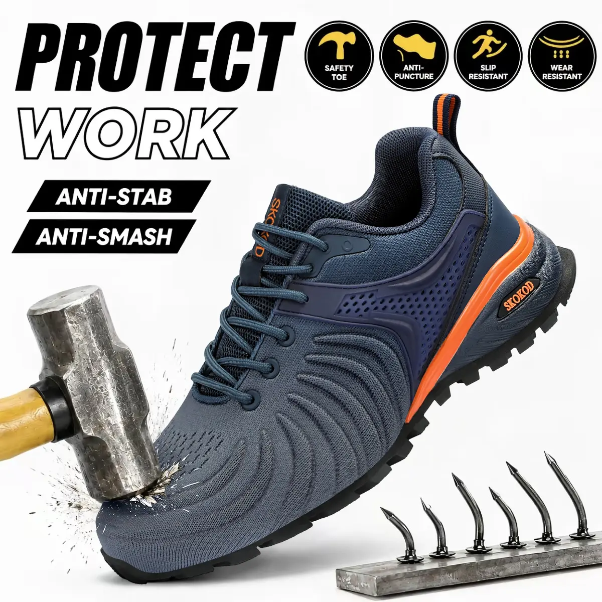 SKOKOD Men's Steel Toe Work Safety Shoes - Composite Toe, Puncture-Proof, Lightweight, Breathable, Nonslip, Durable, Comfortable Casual Walking Shoes for Workers, daily Outdoor Nonslip Work Footwear, Nonslip Work walk Shoes Design, Men's Shoes, Non Slip S