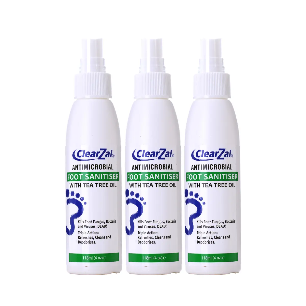 ClearZal Foot Sanitizer Spray with Tea Tree Oil, 4-Ounce Bottle 3 packs cycle pack ,Contains natural tea tree oil and aloe vera Long-lasting disinfectant and antibacterial spray