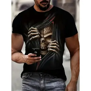 Funny Graphic Tee Men's Black Skull Pattern T-Shirt - Stretch Cotton Round Neck Short Sleeve, 3D Print Design, Breathable Suitable for All Seasons, Fitness, Halloween, Cosplay - Stimulating Gothic Style Clothing, Fun Design, Durable Material, Essential fo