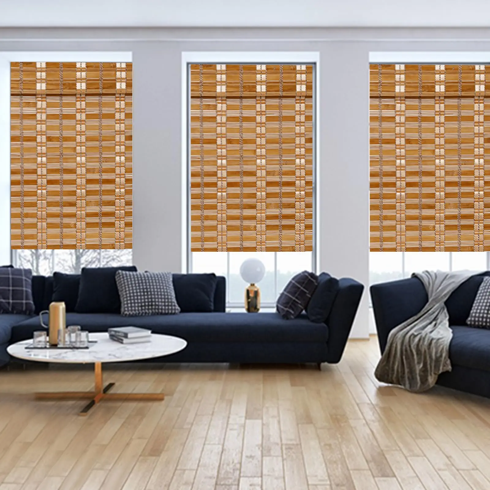 Thy Home Cordless Bamboo Roman Blind Sun Shade - Light Filtering, 8" Valance, Tan Bamboo Fiber, Adjustable, Curtain Style, Easy Install, Bedroom Window Decor for Natural Look, Cordless Blinds, Bamboo Blinds