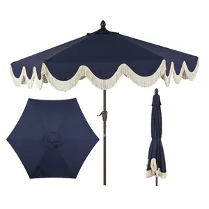 JONATHAN Y Collins 9 ft. Classic Cottage Tassel Market Patio Umbrella with Auto-Tilt, Crank, Wind Vent and UV Protection  windproof